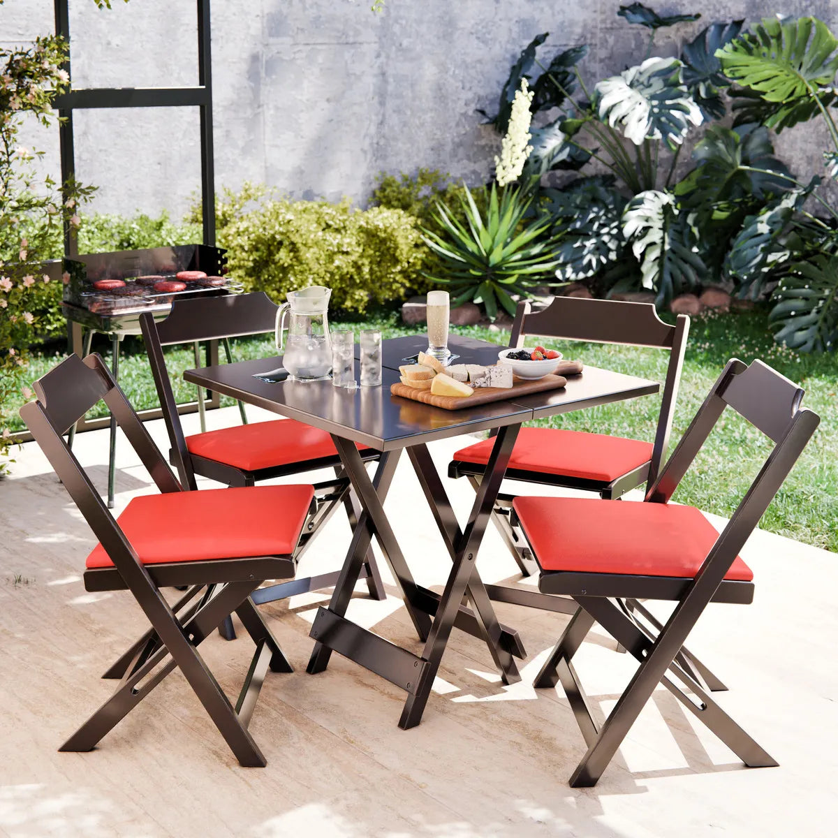 BLACK FRIDAY - Kit Mesa Dobrável Madeira Maciça, 4 Cadeiras dobráveis, 70X70cm - Estofado Vermelho