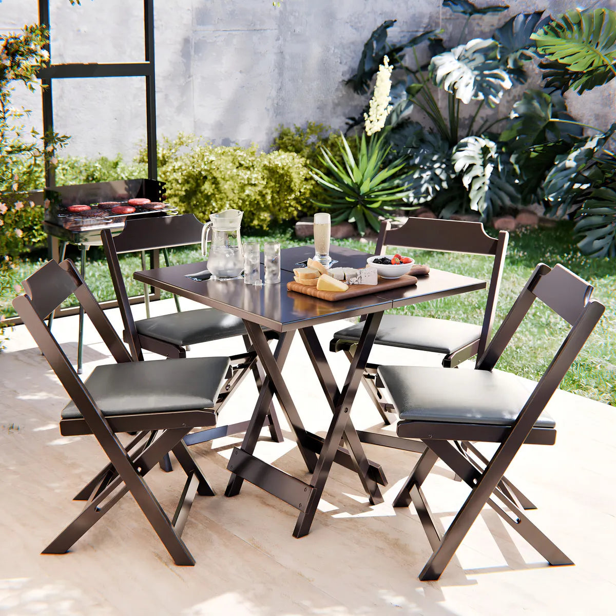[BLACK FRIDAY] - Kit Mesa Dobrável Madeira Maciça, 4 Cadeiras dobráveis, 70X70cm - Estofado Preto