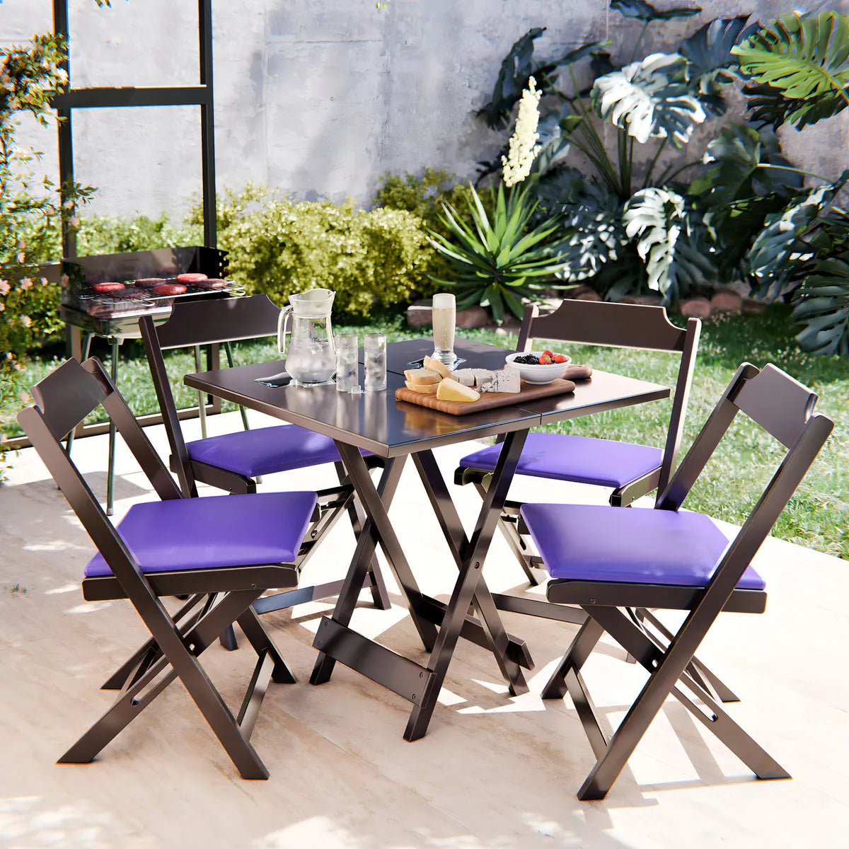 BLACK FRIDAY - Kit Mesa Dobrável Madeira Maciça, 4 Cadeiras dobráveis, 70X70cm - Estofado Azul