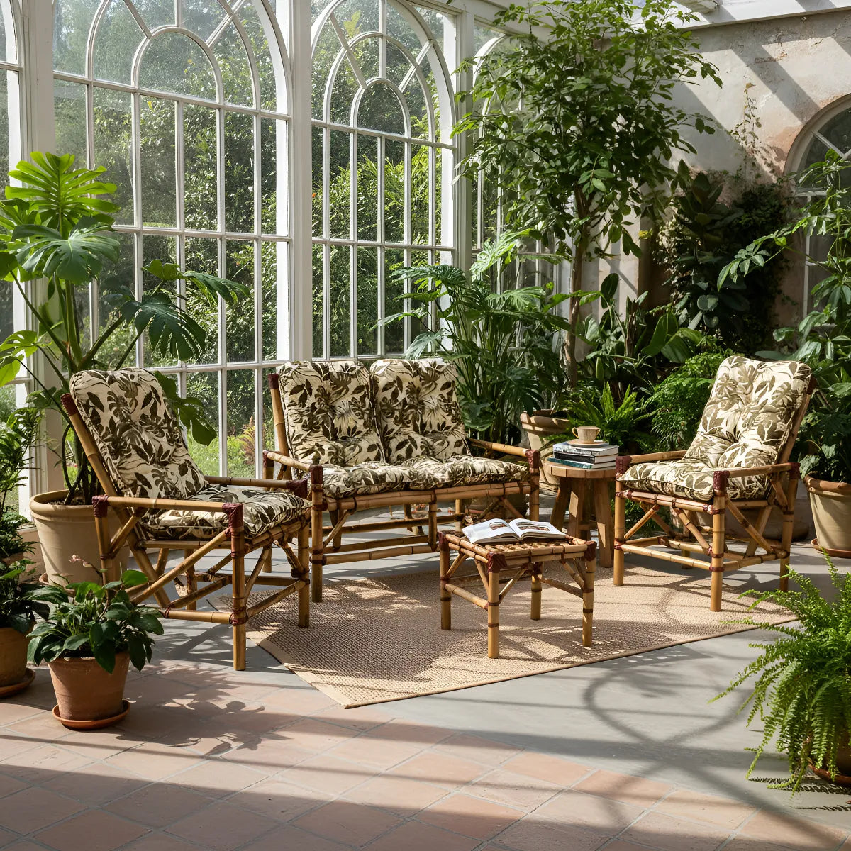 [BLACK FRIDAY] - KIT 1 Namoradeira, 2 Cadeiras Completo folhas verdes/Bege + Brinde 1 Mesa Centro, 4 Almofadas P/ Jardim