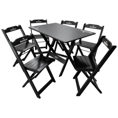 [BLACK FRIDAY] - Kit de Mesa Dobrável 110x70cm, 6 Cadeiras dobrável, Heineken PRETA- Madeira maciça